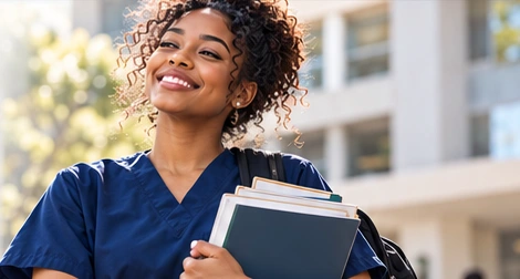A smiling nursing student holding books outdoors